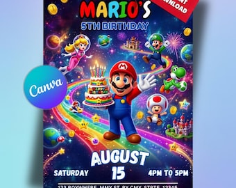 Invito di compleanno a tema Super Mario Galaxy, invito per festa a tema spazio per bambini/bambine, download immediato, 5 x 7 pollici, modello Canva modificabile.