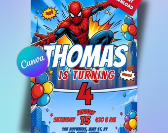 Editable Spiderman Birthday Invitation, Editable Spidey Kids Birthday Invite, Digital Canva Download