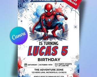 Spiderman Birthday Invitation | Spiderman Birthday Party Invite Printable Editable Birthday Invitation  Birthday Kids