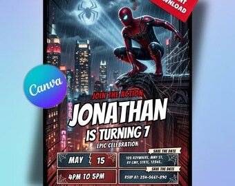 Editable Spiderman Birthday Invitation, Superheros Kids Party Invite, Editable Digital Download, Canva Template