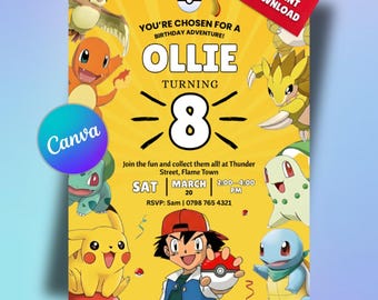 Pokemon Birthday Invitation | Editable Pikachu Party Invite | Digital Pokemon Birthday Card Template | Boys & Girls Party Invitations