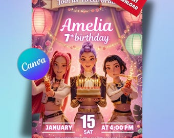 KPOP birthday invitation | Demon hunters party invitation | Kids Party invite | Customizable birthday invite | Digital download