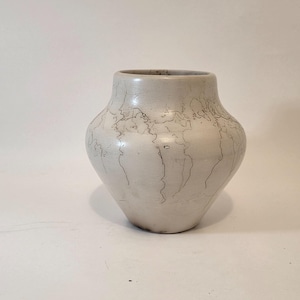 May include: A white ceramic vase with a rounded body and a slightly flared rim. The vase features a network of dark, linear markings across its surface, creating a textured appearance. The vase is a decorative item.