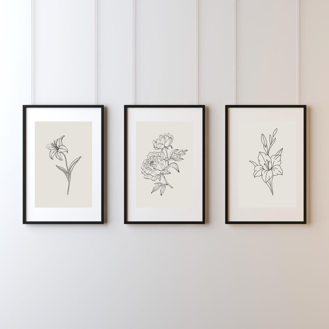 Neutral Botanical Prints Set of 3 | Plant Line Art | Beige Minimalist ...