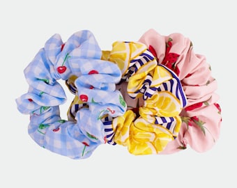 Handmade fruit print scrunchies