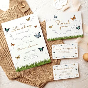 A Little Lovebug Is On The Way Baby Shower Invitation Bundle, Diaper Raffle, Books Request, Butterfly Theme (Editable Template) B04
