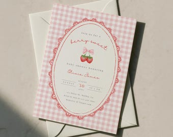 Berry Sweet Baby Shower Invite Card, Strawberry Baby Shower Invitation (Editable Template) B09