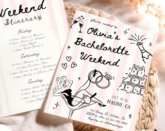 Handgezeichnete Bachelorette-Einladung, wunderliche gestreifte Bachelorette-Einladung, Champagner-Cocktail Martini Bachelorette (bearbeitbare Vorlage)