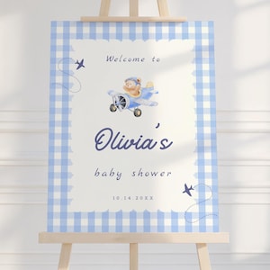 Bebé está despegando, cartel de bienvenida para baby shower de avión, baby shower de aviación con osito de peluche (plantilla editable) B10