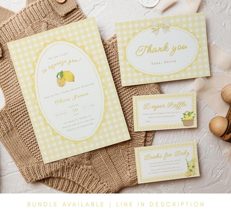 May include: A set of baby shower invitations and cards with a lemon theme. The invitations feature a yellow gingham pattern and include text such as "to squeeze you" and "Olivia James." Additional cards say "Thank you," "Diaper Raffle," and "Books for Baby."