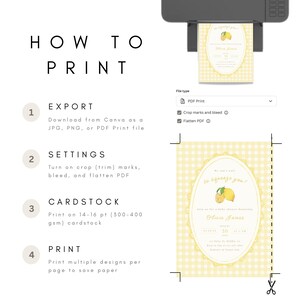 May include: A printed invitation with a lemon theme, featuring text that reads "How to Print" and instructions for exporting, settings, cardstock, and printing. The invitation has a yellow gingham background and a lemon illustration.