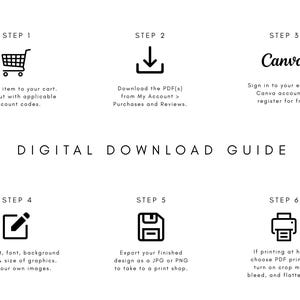 May include: A digital download guide with a white background and black text. The guide includes six steps with icons and instructions for downloading and editing a design. The steps include adding an item to a cart, downloading a PDF, and using Canva.