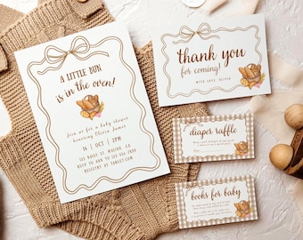 Inbjudningspaket till babyshowern "Lilla bullen i ugnen", babyshower med bullen i ugnen, blöjlotteri, böcker för bebisar (redigerbar mall) B11