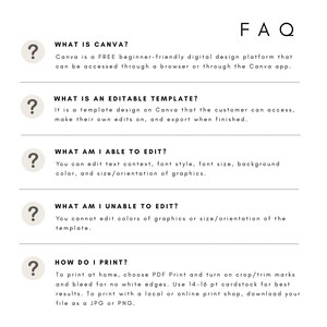 May include: A white and beige FAQ sheet with questions about Canva templates. The questions are in black text and include "What is Canva?", "What is an editable template?", and "How do I print?"