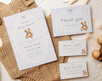 Beary Special Baby Shower Invite Bundle, Bear Baby Shower Invitation, Bearly Wait Baby Shower, Diaper Raffle, Thank You (Editable Template)