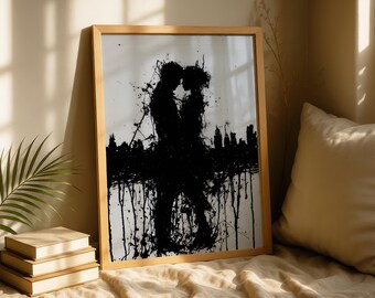 Lámina artística de silueta de dos amantes abrazados, decoración abstracta y melancólica (descarga digital)