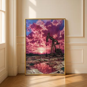 Cinematic Sunset Wall Art: Moody Field with Pumpjacks