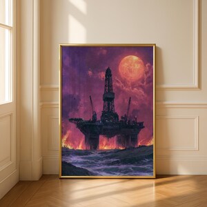 Pode incluir: Uma impressão artística emoldurada retrata uma plataforma de petróleo offshore sob um céu dramático. A obra de arte apresenta um grande sol flamejante e um céu roxo e vermelho profundo. A plataforma de petróleo está em silhueta contra o céu, com ondas e chamas em primeiro plano.