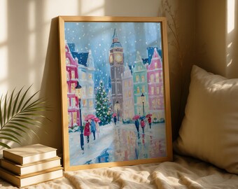 Stampa natalizia pastello di Londra – Scena invernale festosa del Big Ben (download digitale)