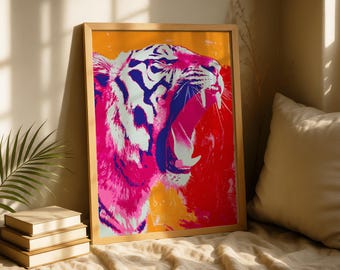 Colorful Tiger Pop Art Print – Neon Brushwork, Edgy Wall Decor (Digital Download)