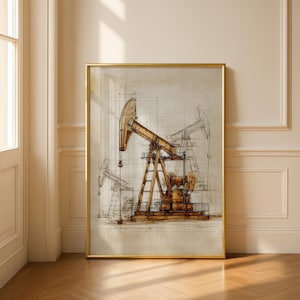 Vintage Oil Pumpjack Art Print: Industrial Rustic Wall Decor