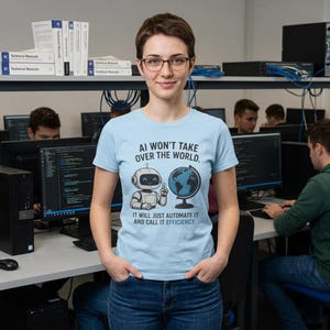 Camiseta "La IA no conquistará el mundo" / Lindo globo terráqueo con robot y humor sobre automatización