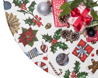 Holiday Icons Christmas Tree Skirt | Poinsettias, Gifts, Candy Canes