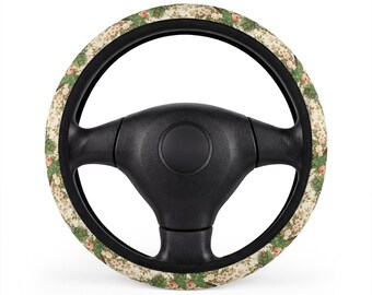 Vintage Floral Pattern Car Steering Wheel Cover | Green Cream Blossoms| Peacock steering wheel cover