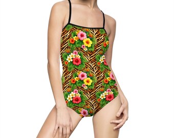 Traje de baño/bañador de una pieza con estampado floral tropical y rayas de tigre.