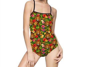 Traje de baño con estampado floral de león / Traje de baño de una pieza con estampado de flores tropicales