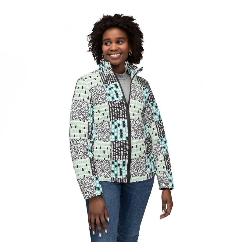 Mint Gray Patchwork Pattern Puffer Jacket image 1
