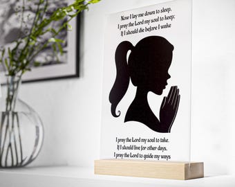 Letrero acrílico con silueta de niña rezando / Oración para antes de dormir, soporte de madera