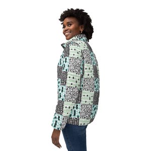 Mint Gray Patchwork Pattern Puffer Jacket image 2