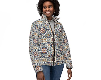 Chaqueta acolchada con estampado de mosaico geométrico / Abrigo acolchado con estampado de azulejos de estilo vintage moderno