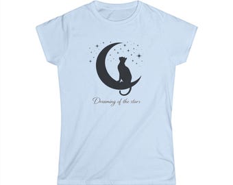 Camiseta con gato en luna creciente / Soñando con las estrellas, silueta del cielo nocturno