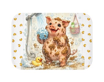 Mud Puddle Pig Bath Mat | Whimsical Farmhouse Shower Scene, Rubber Duck Border