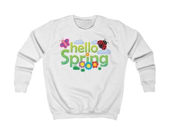Sudadera infantil "Hola Primavera" / Diseño floral de mariquita y mariposa