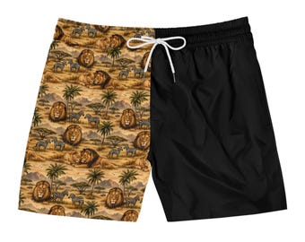 Bañador corto de playa de largo medio con estampado de león y elefante de safari