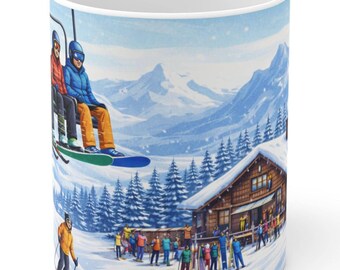 Taza con escena de telesilla en estación de esquí / Taza de café con esquí de montaña en invierno