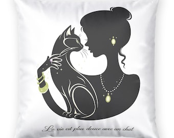 Cojín con silueta de mujer con gato / Cojín decorativo de terciopelo de poliéster