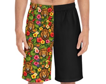 Bañador tipo bermuda con estampado floral de león / Bañador tipo short con estampado de hibisco tropical