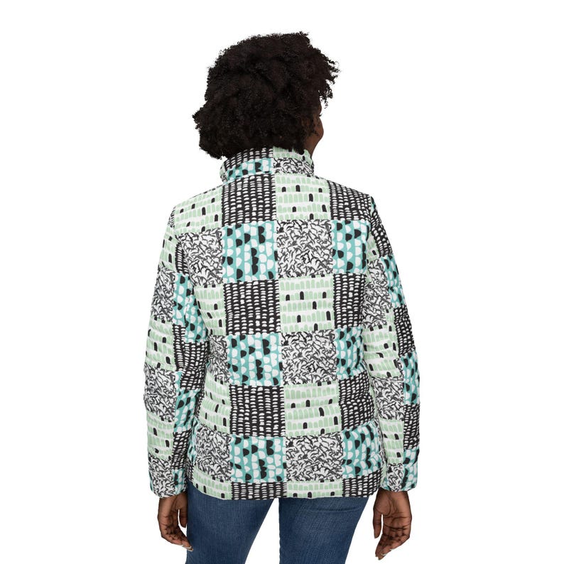 Mint Gray Patchwork Pattern Puffer Jacket image 4