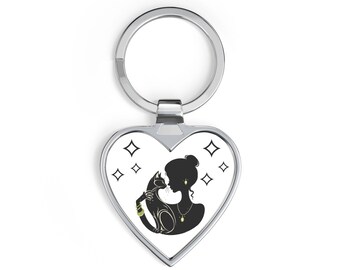 Llavero con forma de corazón y silueta de gato / Gato negro con detalles brillantes