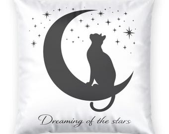 Cojín de terciopelo de poliéster con diseño de gato en luna creciente / Soñando con las estrellas
