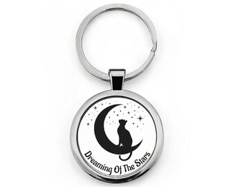Llavero de gato en luna creciente / Soñando con las estrellas, acero inoxidable