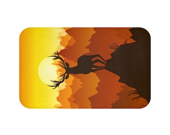 Stag Silhouette Sunset Bath Mat | Deer Antler Sunset Scene
