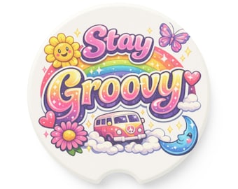 Stay Groovy VW Van Car Coaster | Retro Rainbow Hippie Design