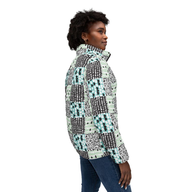 Mint Gray Patchwork Pattern Puffer Jacket image 3