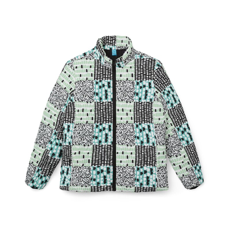 Mint Gray Patchwork Pattern Puffer Jacket image 5
