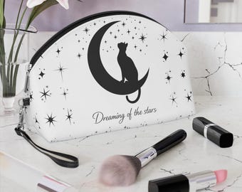Neceser con diseño de gato en luna creciente / Estuche de cosméticos "Soñando con las estrellas, noche estrellada"